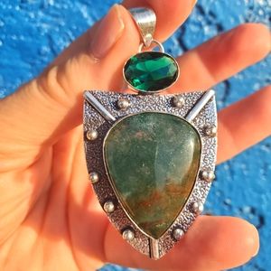 New Indian Moss Agate and Chrome Diopside Silver Pendant.